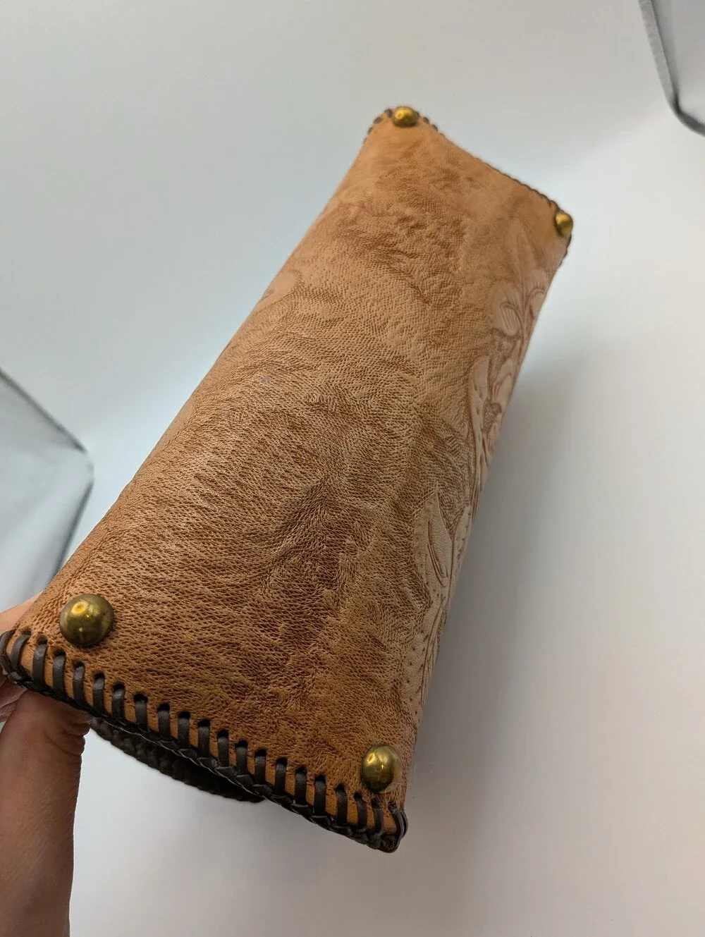 Vintage 70s Hand Tooled Floral Leather Top Handle Bag Purse